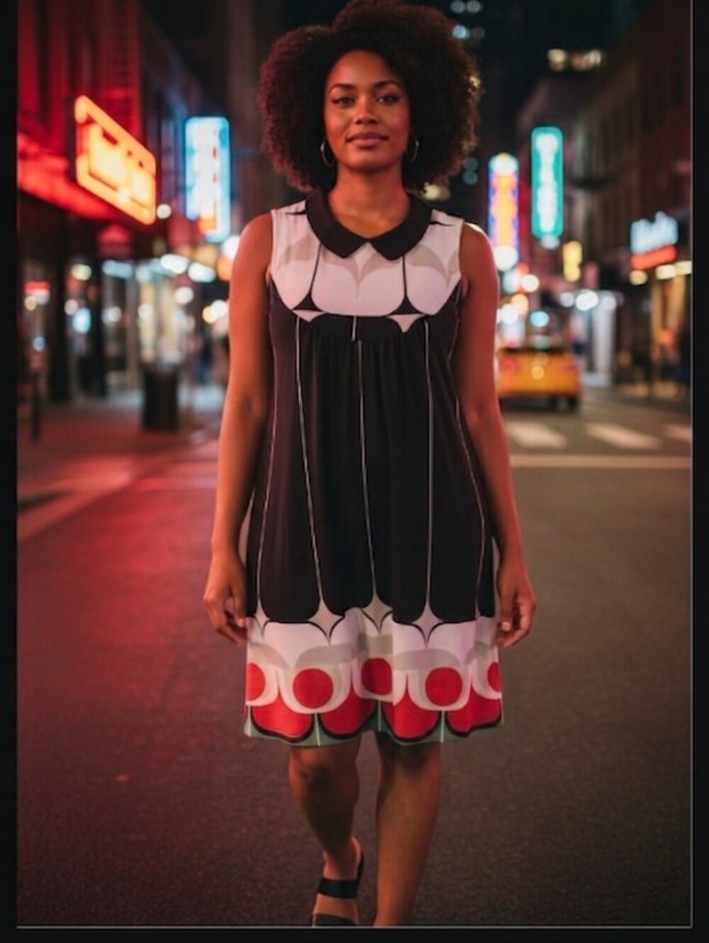 AB Studio Retro Geometric Black and White Sleeveless Midi Dress with Red Accents